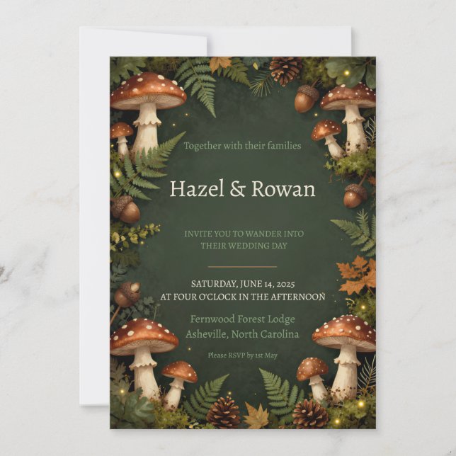 Fairepart de mariage vert foncé forêt champignon s (Devant)