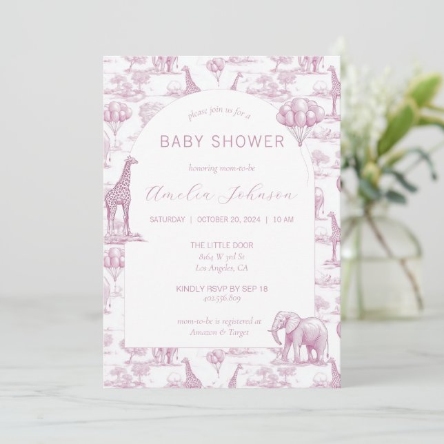 Fairepart de Naissance Safari Rose Baby Shower Ani (Debout devant)