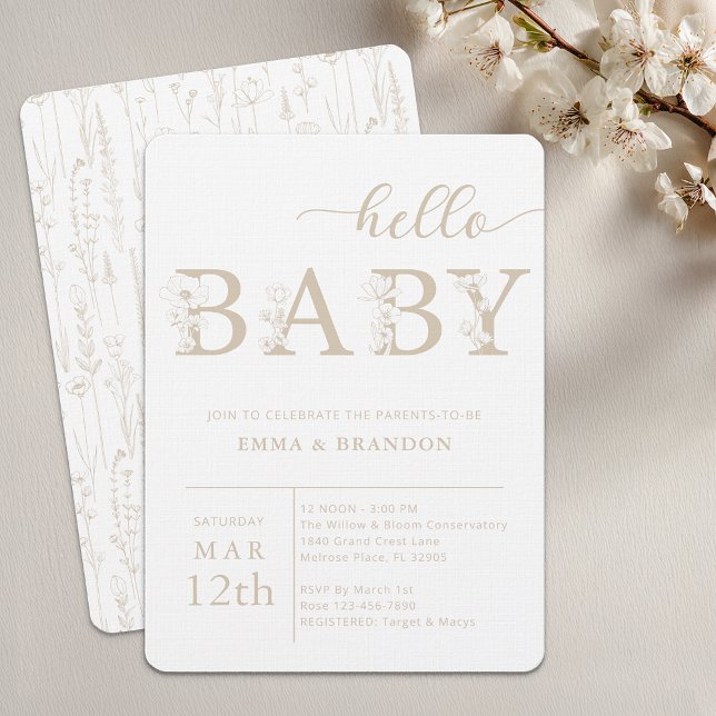 Fairepart Taupe Hello Baby Fleur Sauvage (Taupe Floral Baby Shower Invite)