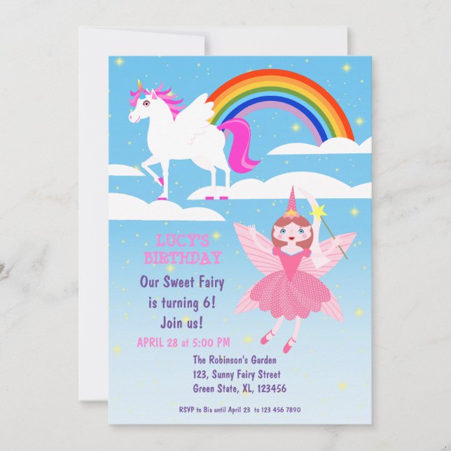 Fairy and Unicorn Birthday Girl Party Invitation (Devant)