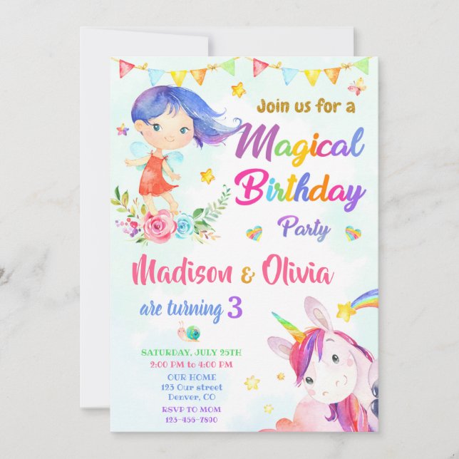 Fairy and Unicorn invitation anniversaire deux fil (Devant)