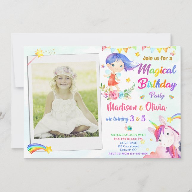 Fairy and Unicorn invitation anniversaire deux fil (Devant)