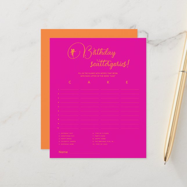 Fairy Birthday scattergories! Jeu de fête d'annive (Devant/Arrière en situation)