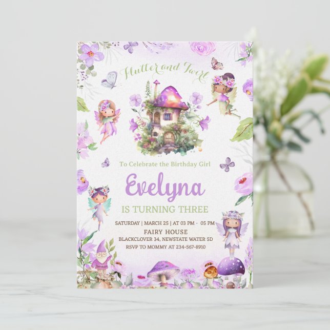 Fairy Feffervescence Twirly Purple Invitation Anni (Debout devant)