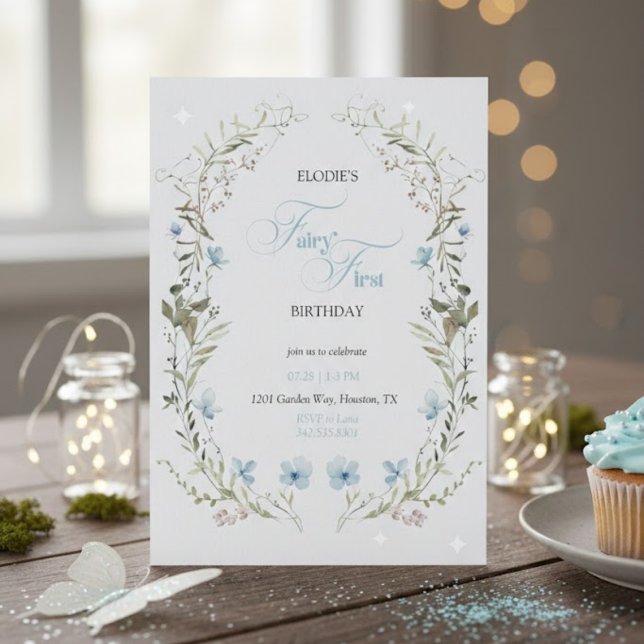 Fairy First Birthday Invitation | Elegant Blue  (Créateur téléchargé)