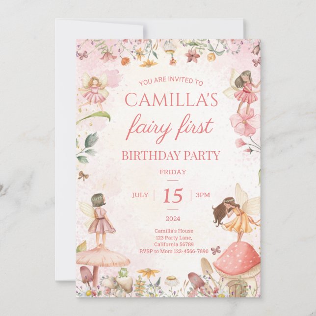 Fairy First Birthday Invitation Fairy Invitation (Devant)