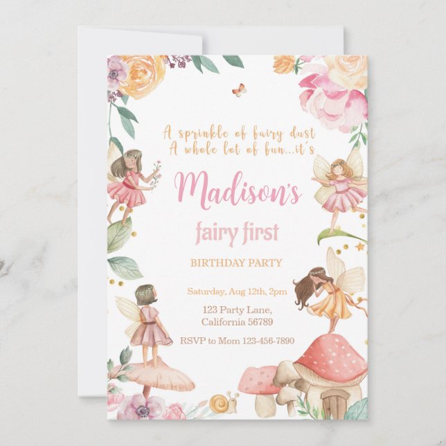 Fairy First Birthday Invitation Fairy Invitation (Devant)