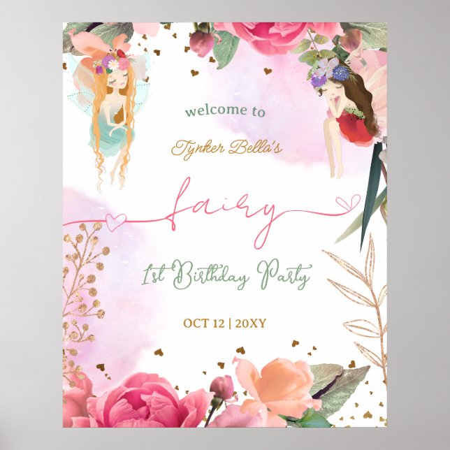 Fairy First Birthday Party Baby Girl Affiche de bi (Devant)