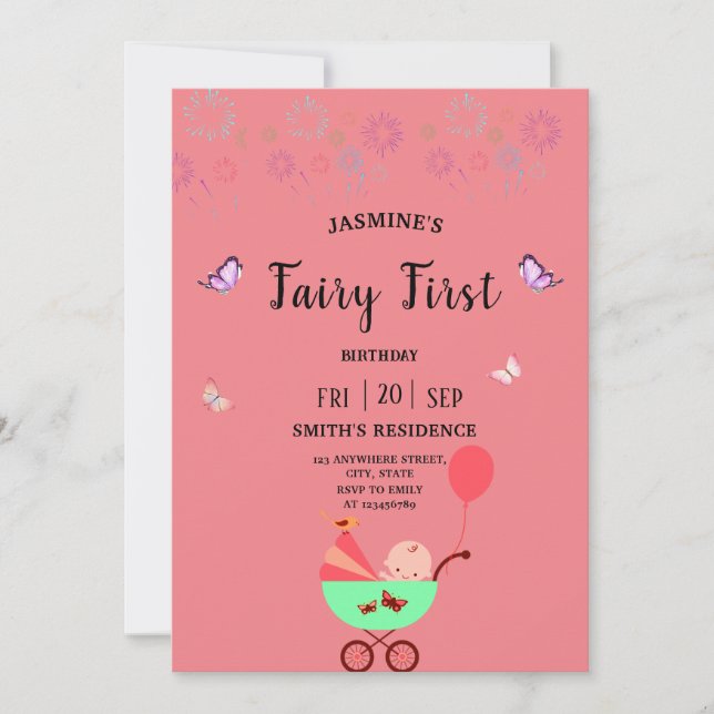 Fairy First  Birthday pink party Invitation (Devant)