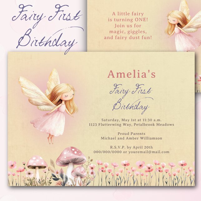 Fairy First Theme Fille 1ère Fête d'Anniversaire P (1st Birthday Invitation. Cute fairy themed to celebrate a fairy first birthday. Adorable watercolor.)