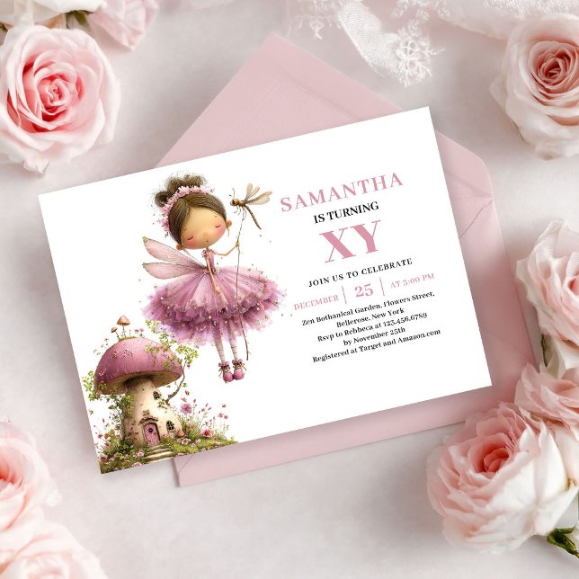 Fairy Girl 1er Anniversaire Invitations Fleur Rose (Fairy Girl 1st Birthday Rose Gold Floral invitation)