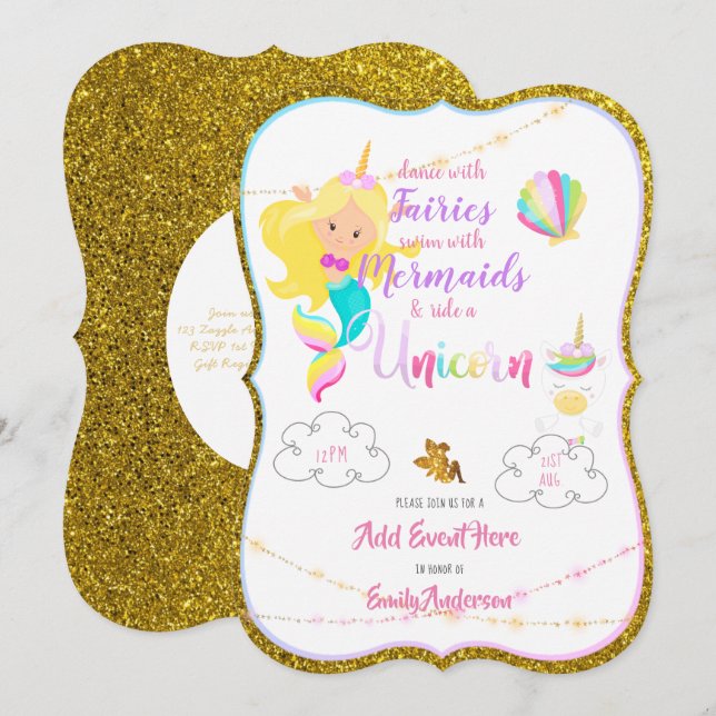 Fairy Mermaid Unicorn Invitations Gold Parties sci (Devant / Derrière)