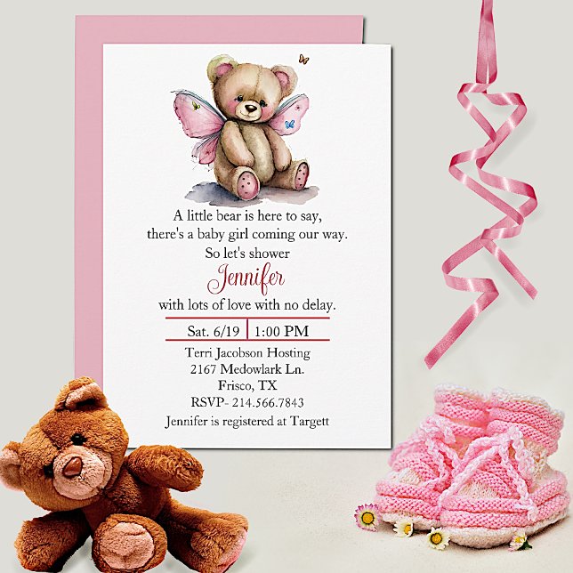 Fairy Teddy Bear Girls Baby shower Invitation (Créateur téléchargé)
