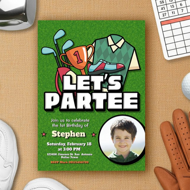 Faisons la fête - Invitation d'anniversaire de gol (Lets Partee - Golf Birthday Invitation with Photo)