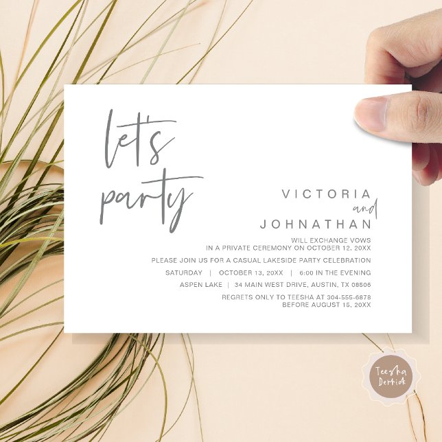 Faisons la fête, invitation de mariage en fuite (Let's Party, Wedding Elopement Dinner Invitation Card, Modern Minimalist Script, in Dark Grey)