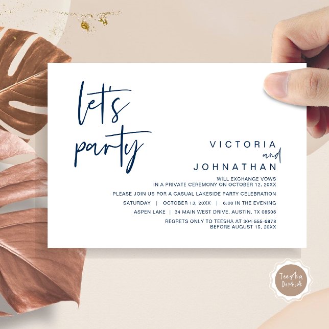 Faisons la fête, invitation de mariage en fuite (Let's Party, Wedding Elopement Dinner Invitation Card, Modern Minimalist Script, in Navy Blue)