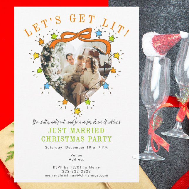 Faisons la Fête ! Invitation de Noël pour un maria (Let’s Get Lit! Just Married Photo Christmas Open House Cocktail Party Newlywed Gathering Engagement)