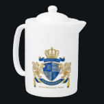 Faites votre propre armoirie de Lion d'or bleu<br><div class="desc">Créez votre propre armoiries, emblème, insignia ou crête de famille aristocratique avec ce magnifique essuie-tout classique ou ce modèle de bouclier. Les motifs bleus de Cobalt décorent un bouclier surmonté d'une couronne dorée et flanqué d'un lion héraldique médiéval ou d'un griffin. Une banderole assortie tient votre date de mariage /...</div>