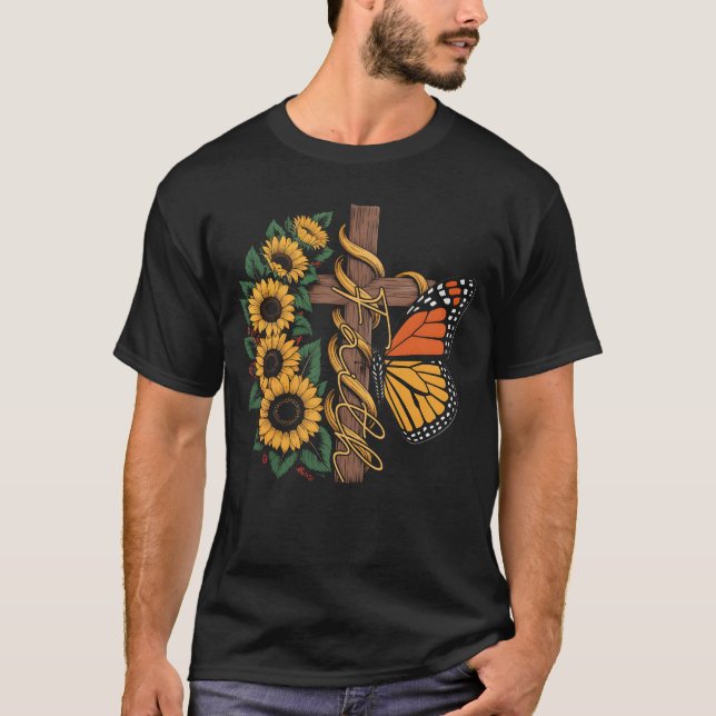 Faith Cross Sunflower Butterfly Christian T-Shirt (Devant)