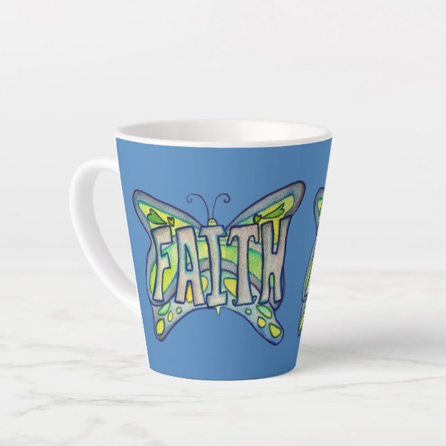 Faith Word Art Blue Butterfly Wings Latte Mug Cup (Angle gauche)