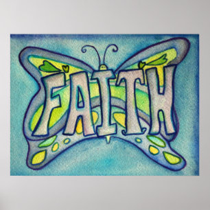 Faith Word Bleu Papillon Art Imprimer Affiches