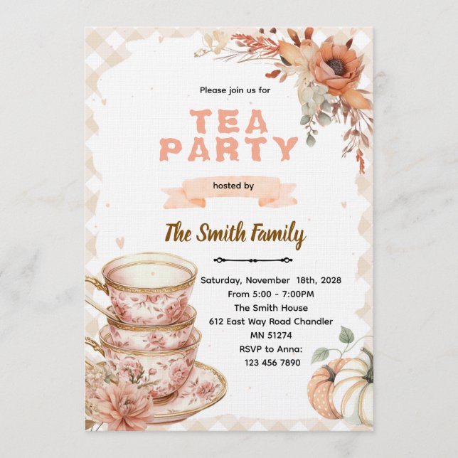 Fall autumn thanksgiving tea party invitation  (Devant)