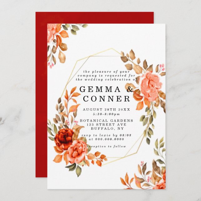Fall Dark Red Orange Floral Gold Wedding Invite (Devant / Derrière)
