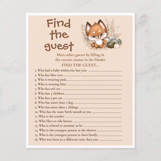 Fall Fox Beige Trouver Le Baby shower Invité Jeu (Devant)