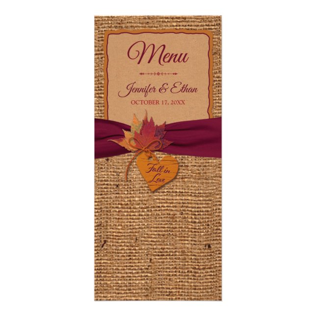 Fall in Love Burlap, Mariage Feuille Menu (Devant)