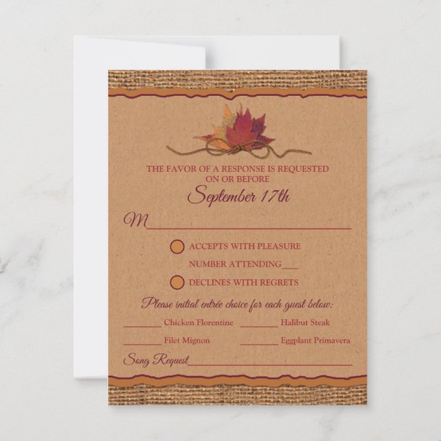 Fall in Love Burlap, mariage Feuille RSVP avec rep (Dos)