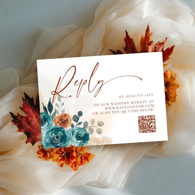 Fall in Love Turquoise Burnt Orange Boho QR Reply  (fall in love wedding reply rsvp teal burnt orange terracotta watercolor floral botanical earthy chic)
