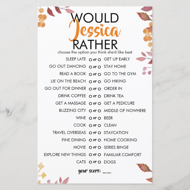 Fall Leaves Customisable Would She Rather Game (Devant)