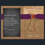 Fall Leaves FAUX Burlap Chalkboard Wedding Program<br><div class="desc">Ce magnifique programme de mariage d'automne rustique ou l'Ordre du Service dans les couleurs d'automne de l'orange brûlé, de la rouille, de l'or et du brun a des images de trois feuilles d'érable séchés avec un arc à deux branches IMPRIMÉ et un look satiné violet brillant ruban et arc IMPRIMÉS,...</div>