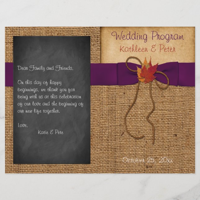 Fall Leaves FAUX Burlap Chalkboard Wedding Program (Devant)
