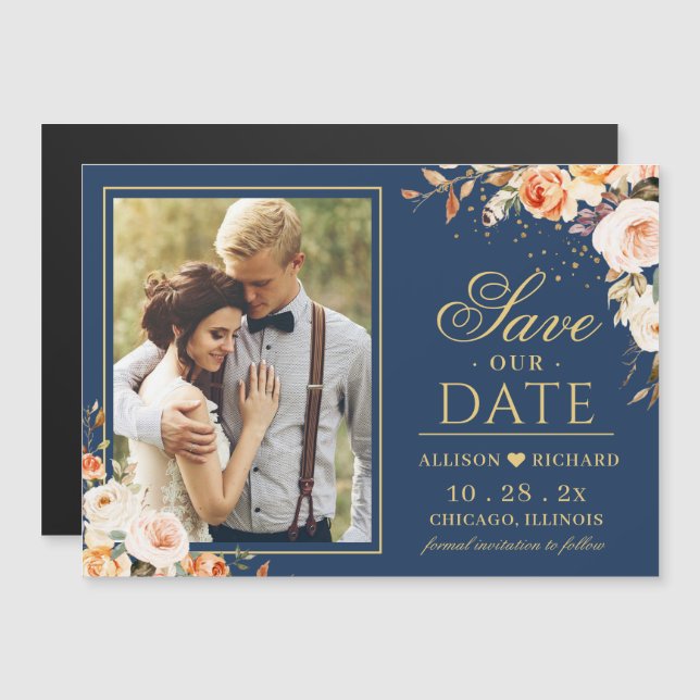 Fall Night Gold Floral Photo Save the Date Magnet (Devant / Derrière)