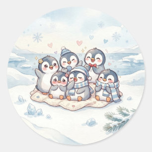 Famille de manchots mignons autocollant d'hiver