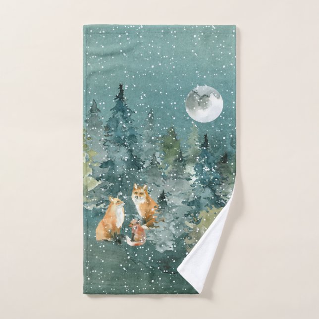 Famille Fox en forêt Pleine lune neige (Serviette à main)