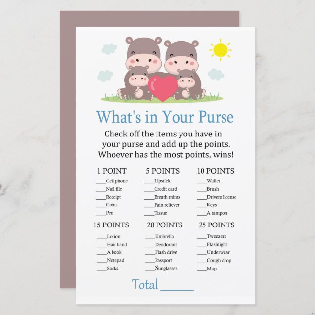 Famille Hippo Qu'y a-t-il dans votre sac à main (Devant / Derrière)