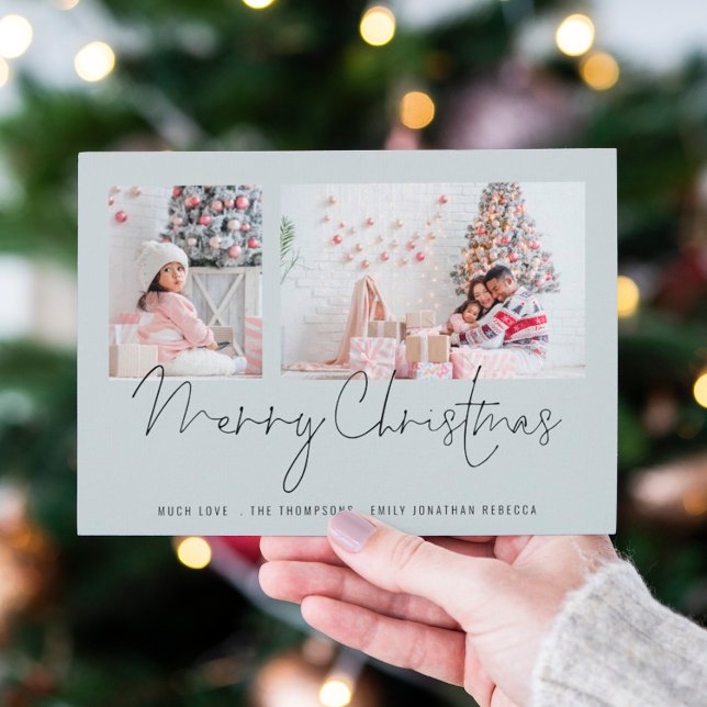 Famille moderne 2 Photos Script Bleu Joyeux Noël (Créateur téléchargé)