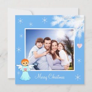 Famille personnalisée et ange sur Noël bleu clair