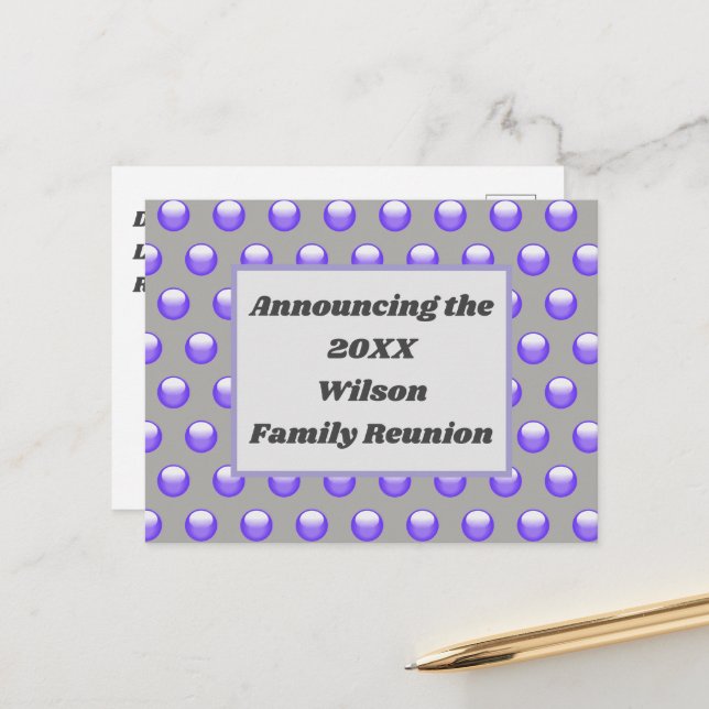 Famille Réunion Blue Polka Dot Motif Invitation (Devant/Arrière en situation)