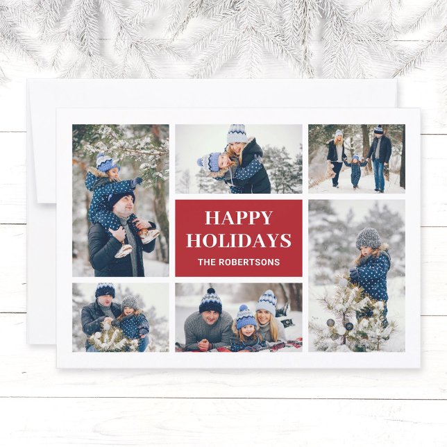 Famille Rouge moderne 8 Photo Collage Carte de Noë (Modern, elegant family in winter photo collage Christmas greeting card in red, Happy Holidays.)