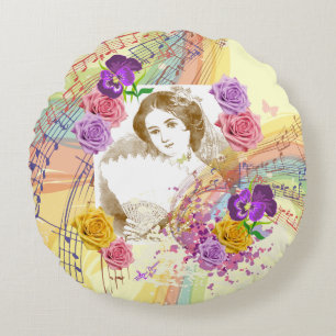 Fan vintage Lady Musique & Fleurs Coussin rond Jau