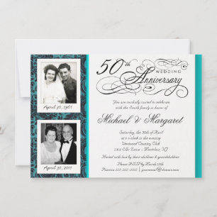 Fancy 50th Anniversary Invitations - Blue Damask