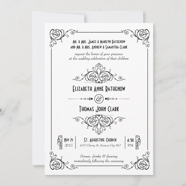 Fancy Art Déco Black & White Wedding Invitations (Devant)