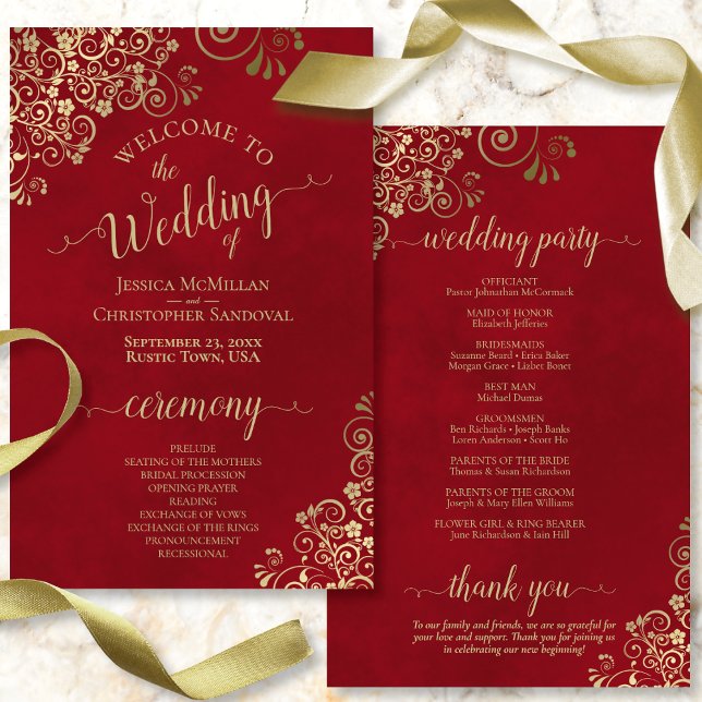 Fancy Crimson Red & Gold Budget Wedding Programme (Front and Back)