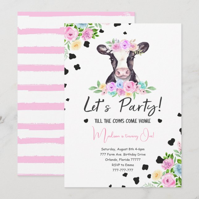 Fancy Font Cow Anniversaire Invitation (Devant / Derrière)