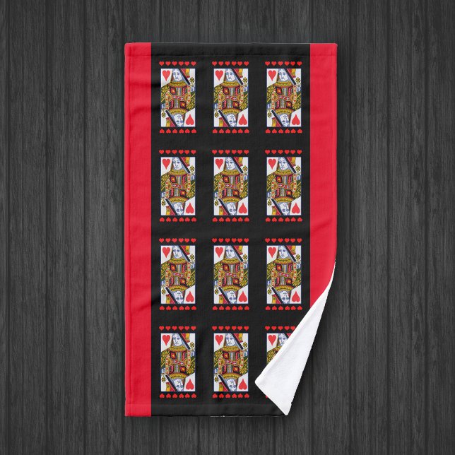 Fancy Heart Queen Carte de jeu Black Red Bordure (Colouful ornate heart queen playing cards with red hearts and border on black hand bath towel.)