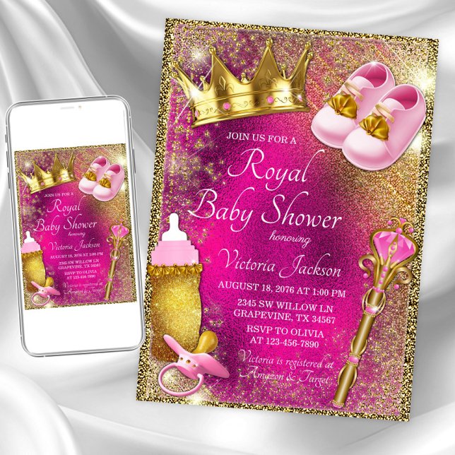 Fancy Pink Gold Princess Baby Shower  Invitation (Pink and gold princess baby shower invitation with cute princess things on pink and gold background)
