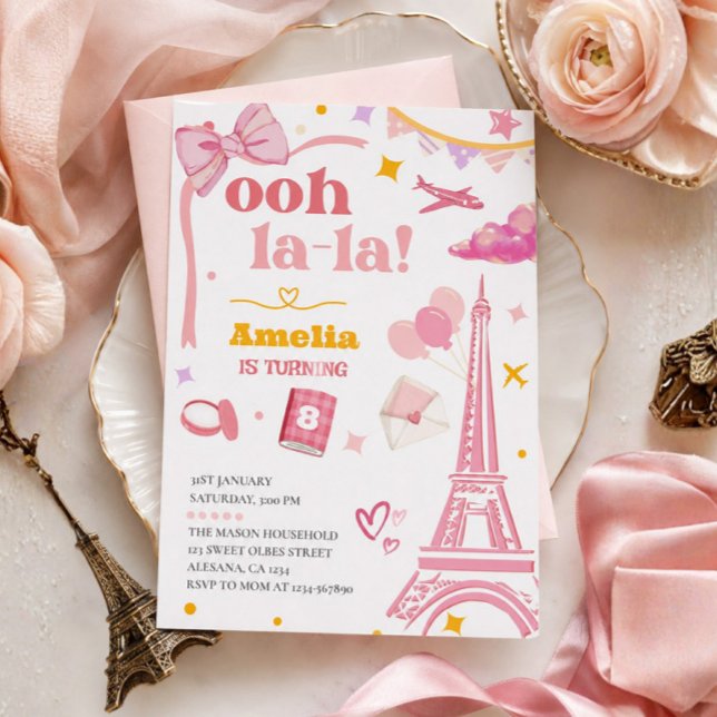Fancy Rose Paris Tour Eiffel Invitation Gingham (Ooh la la Pink Paris Eiffel Tower Invitation )